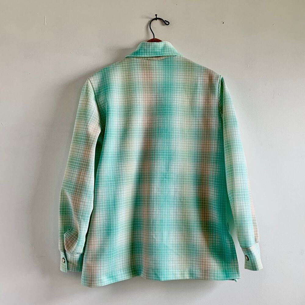 Vintage 70s Pastel Plaid Chore Jacket | Aqua Pink Button Down Shirt | M/L - Picture 4 of 5